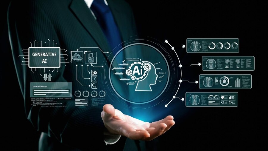 Illustration showing AI technology optimizing business operations, boosting efficiency, and driving growth with data-driven solutions