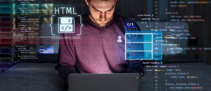 Visual comparison of top programming languages for AI development, including Python, Java, R, and C++, with icons and code snippets.